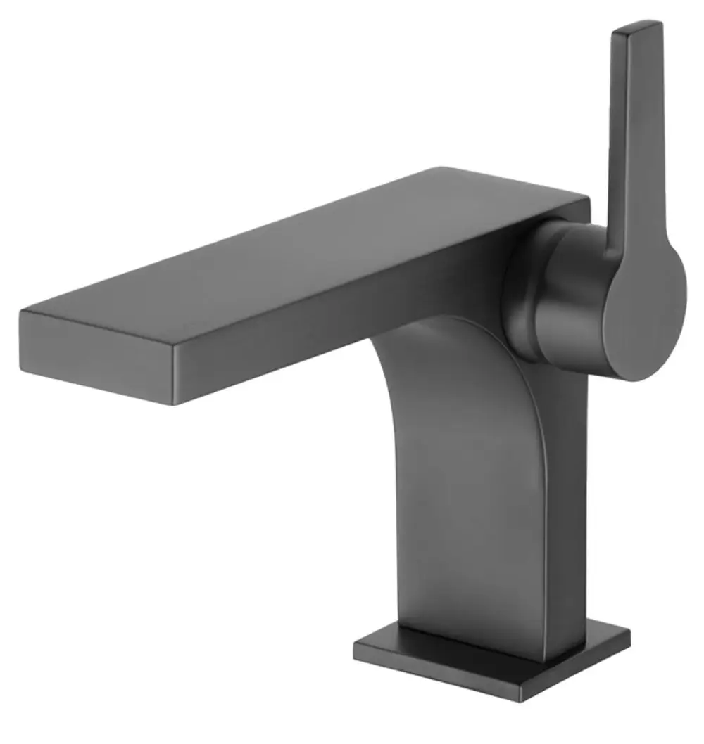 Schwarzer Wasserhahn mit rechteckiger Auslaufform und seitlichem Hebel von Keuco. Modernes Design mit klaren Linien zur Verwendung in Badezimmer oder Küche.